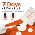 Application process showing the clear formula being painted onto a colored manicure