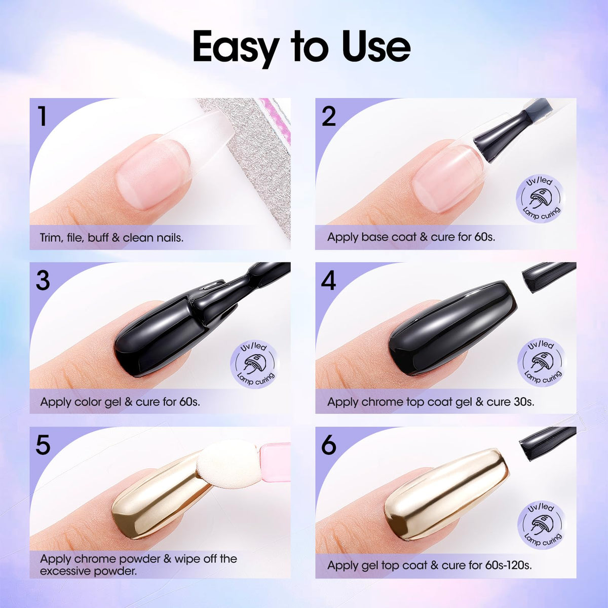 Nail art manicure setup showcasing the clear top coat bottle alongside premium chrome powders.