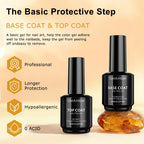 Manicure layout featuring the professional nail file included in the kit alongside the four gel preparation liquids