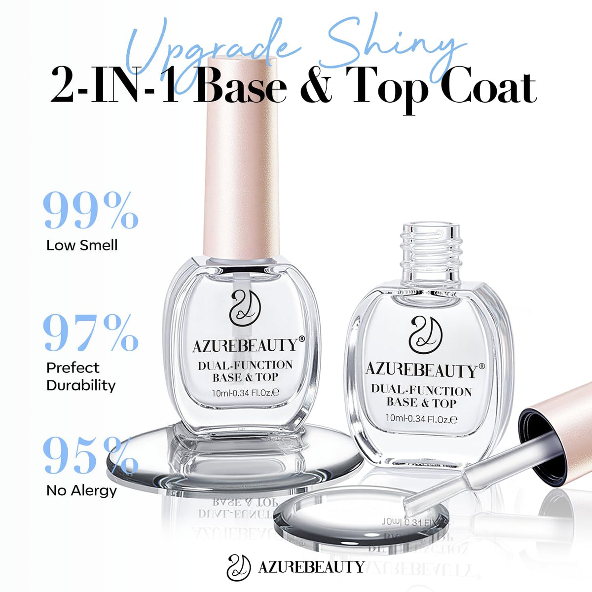 AZUREBEAUTY clear protective nail lacquer bottles demonstrating the glossy shine finish.