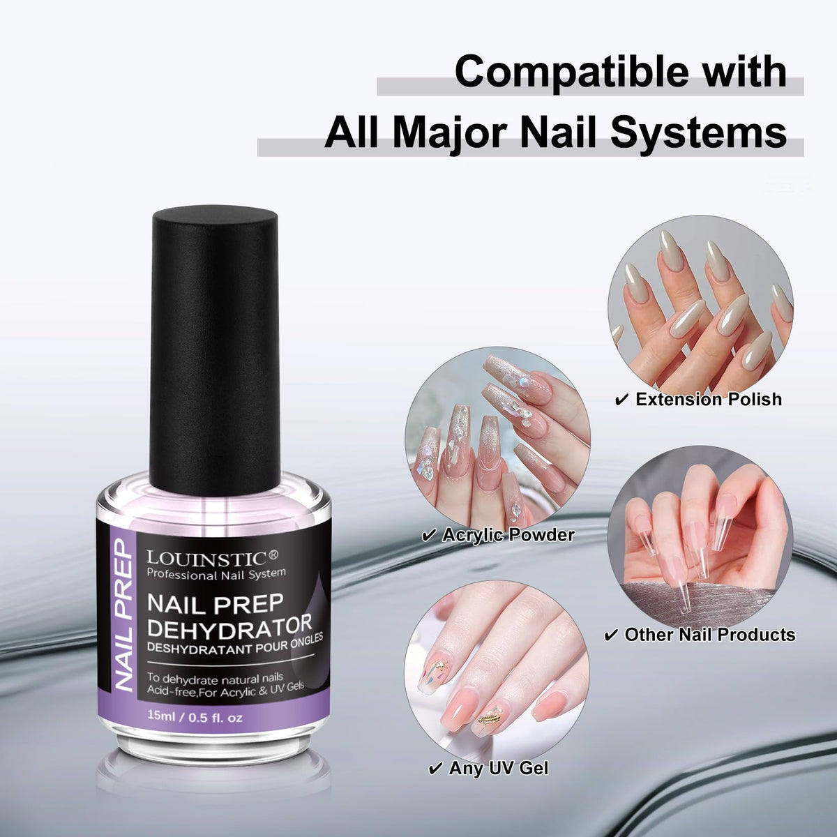 Louinstic nail dehydrator packaging showing Hema-free label