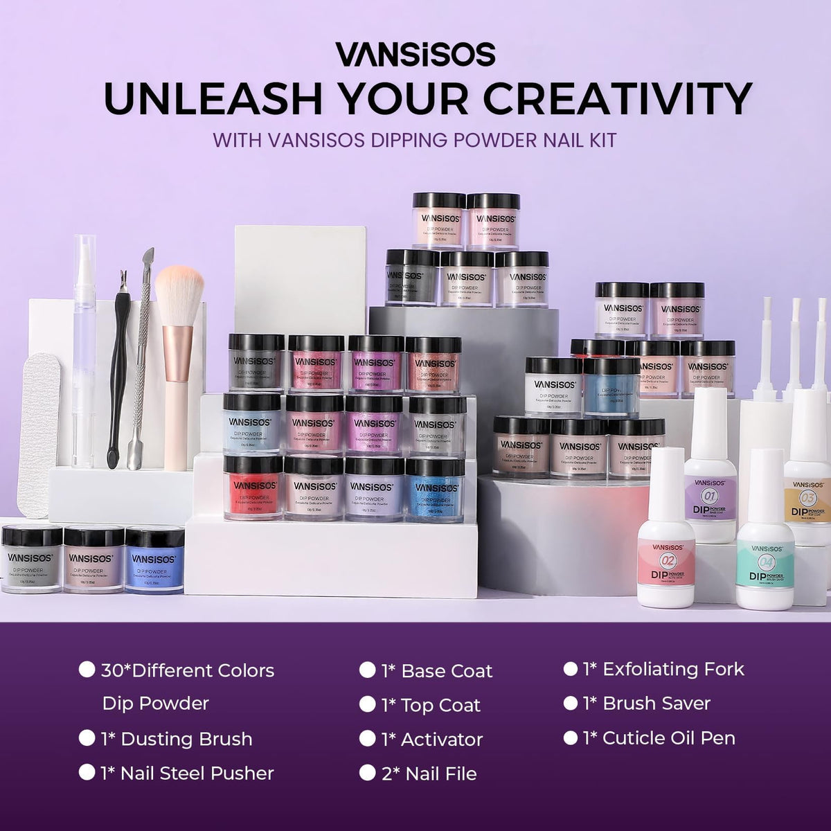 VANSISOS thirty color dipping powder starter set bottles neatly arranged with top and base coats