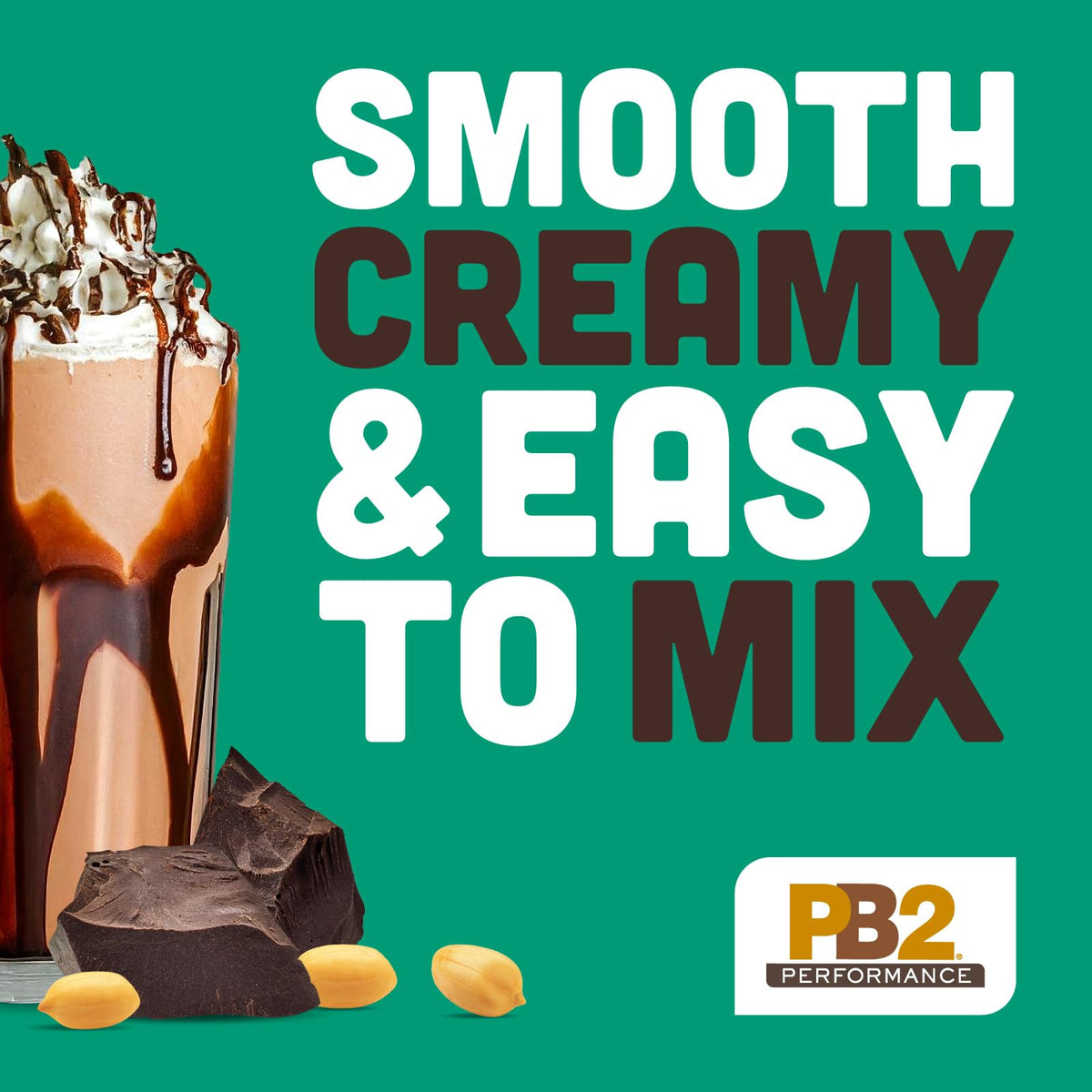 PB2 plant based protein powder scoop with chocolate peanut powder texture