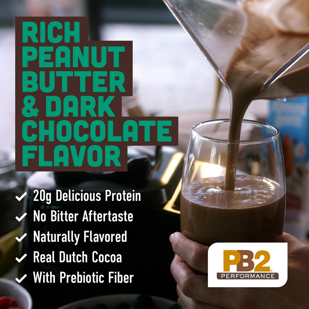 PB2 Performance Dutch Cocoa protein powder jar with ingredients list