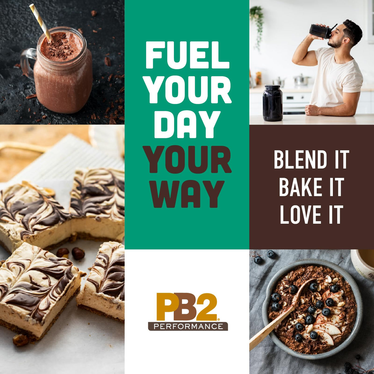 PB2 protein powder mixed into a chocolate peanut butter smoothie