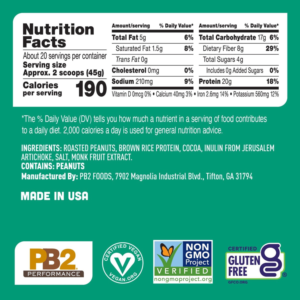 PB2 Performance 2 pound jar alongside fresh peanuts and cocoa beans