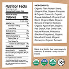 Nutrition facts label on EarthChimp chocolate vegan protein showing 20 grams of protein and probiotics.
