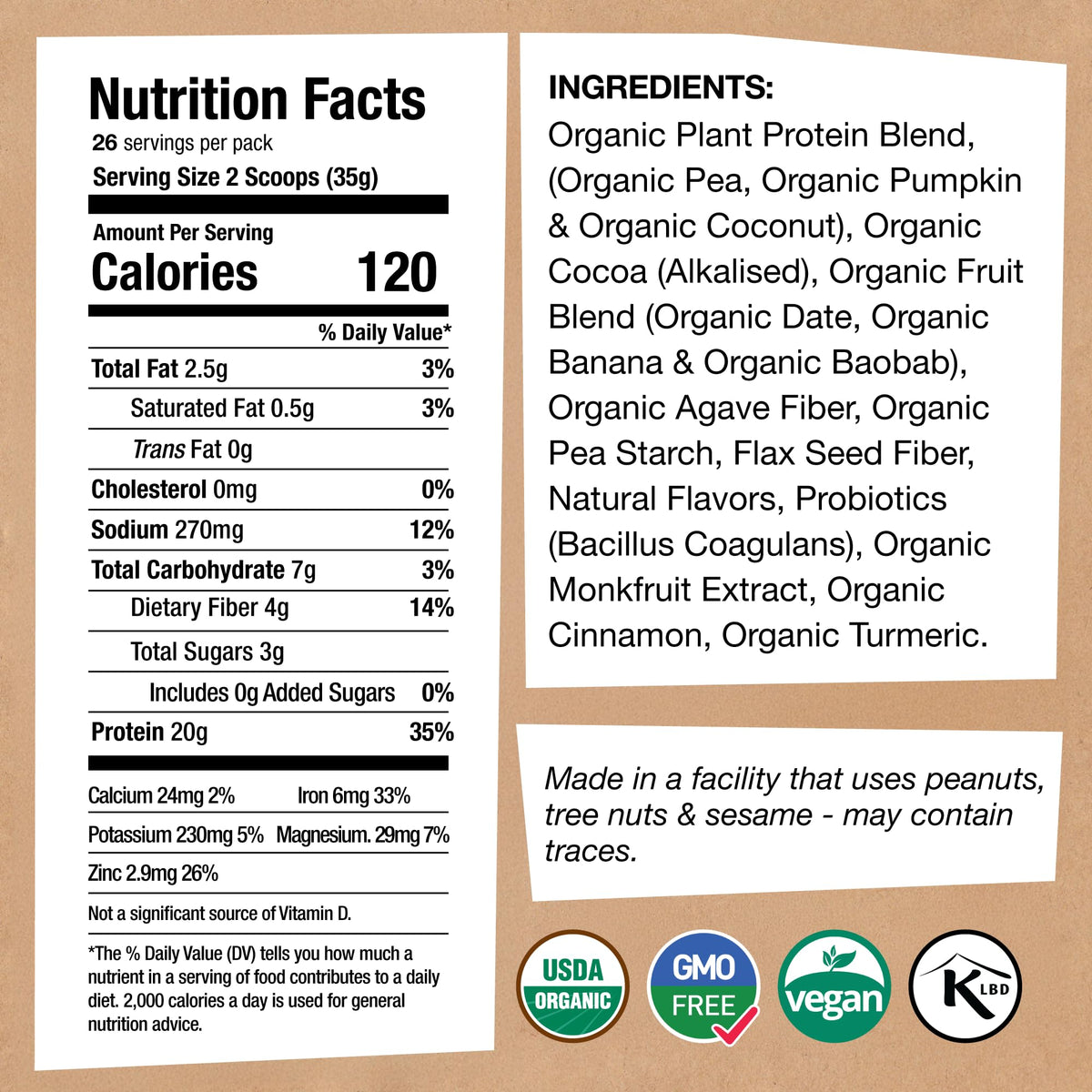 Nutrition facts label on EarthChimp chocolate vegan protein showing 20 grams of protein and probiotics.