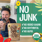 EarthChimp organic ingredients list featuring pea protein and superfood fruit blend.
