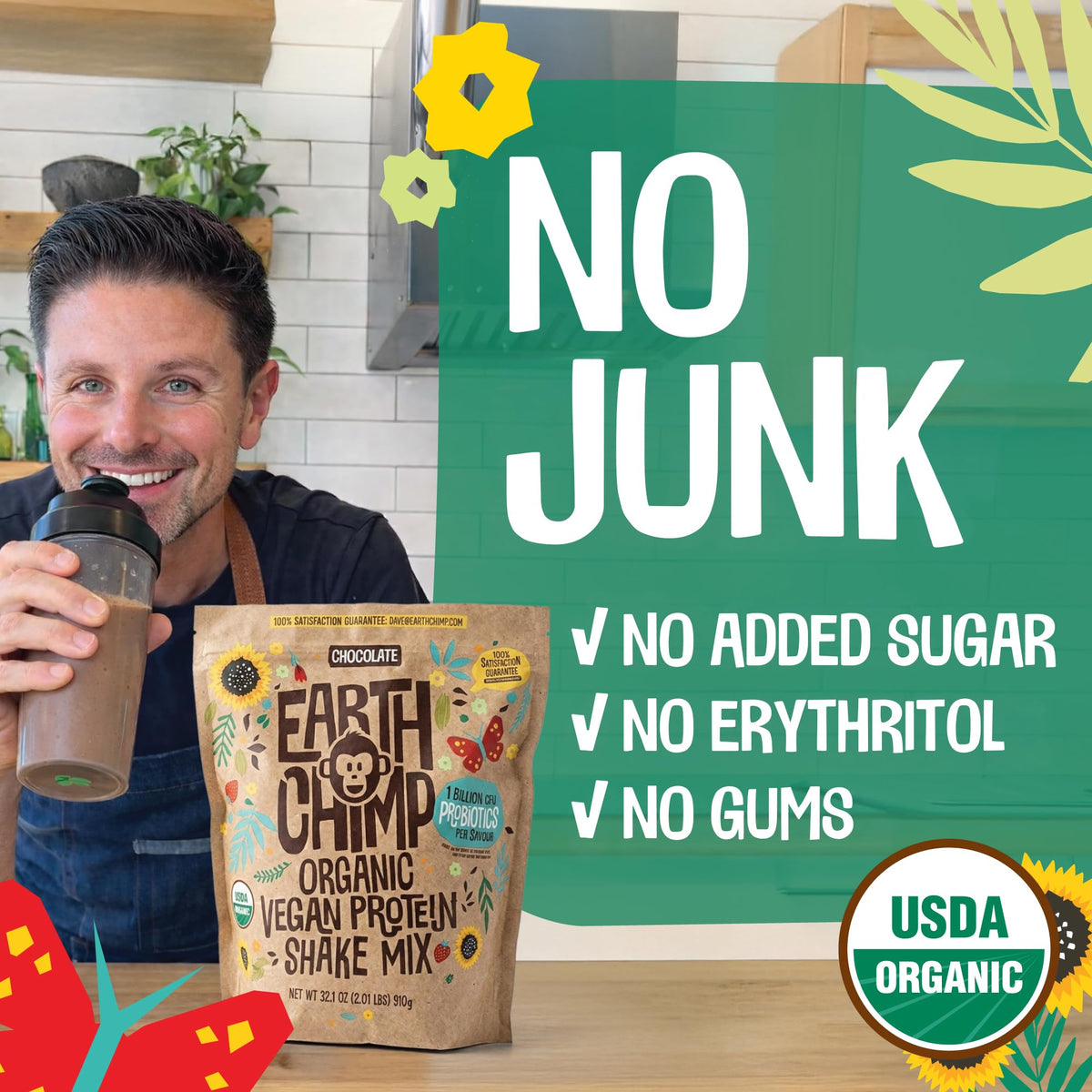 EarthChimp organic ingredients list featuring pea protein and superfood fruit blend.