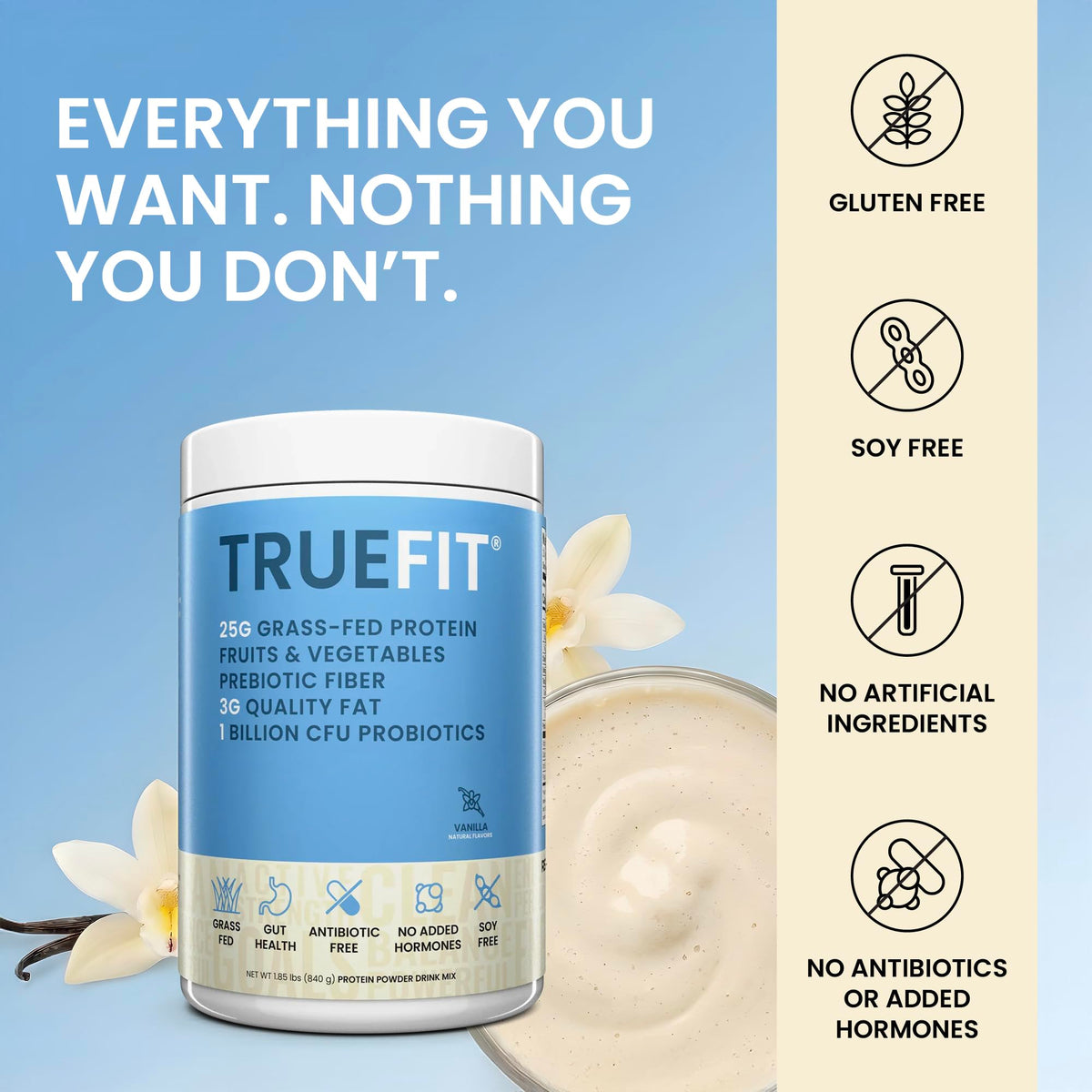Vanilla flavored TrueFit meal replacement shake for post-workout recovery.
