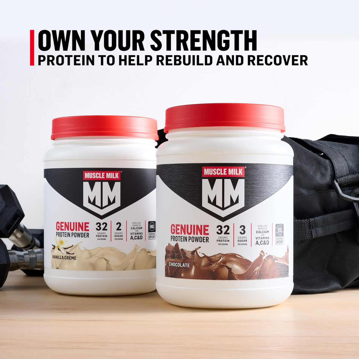 Vanilla Crème flavored Muscle Milk protein powder next to a gym shaker bottle