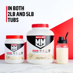 Muscle Milk Genuine 30.9 ounce tub highlighting low sugar and high calcium content