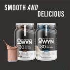 OWYN Only What You Need protein scoop inside the 27 servings chocolate tub.