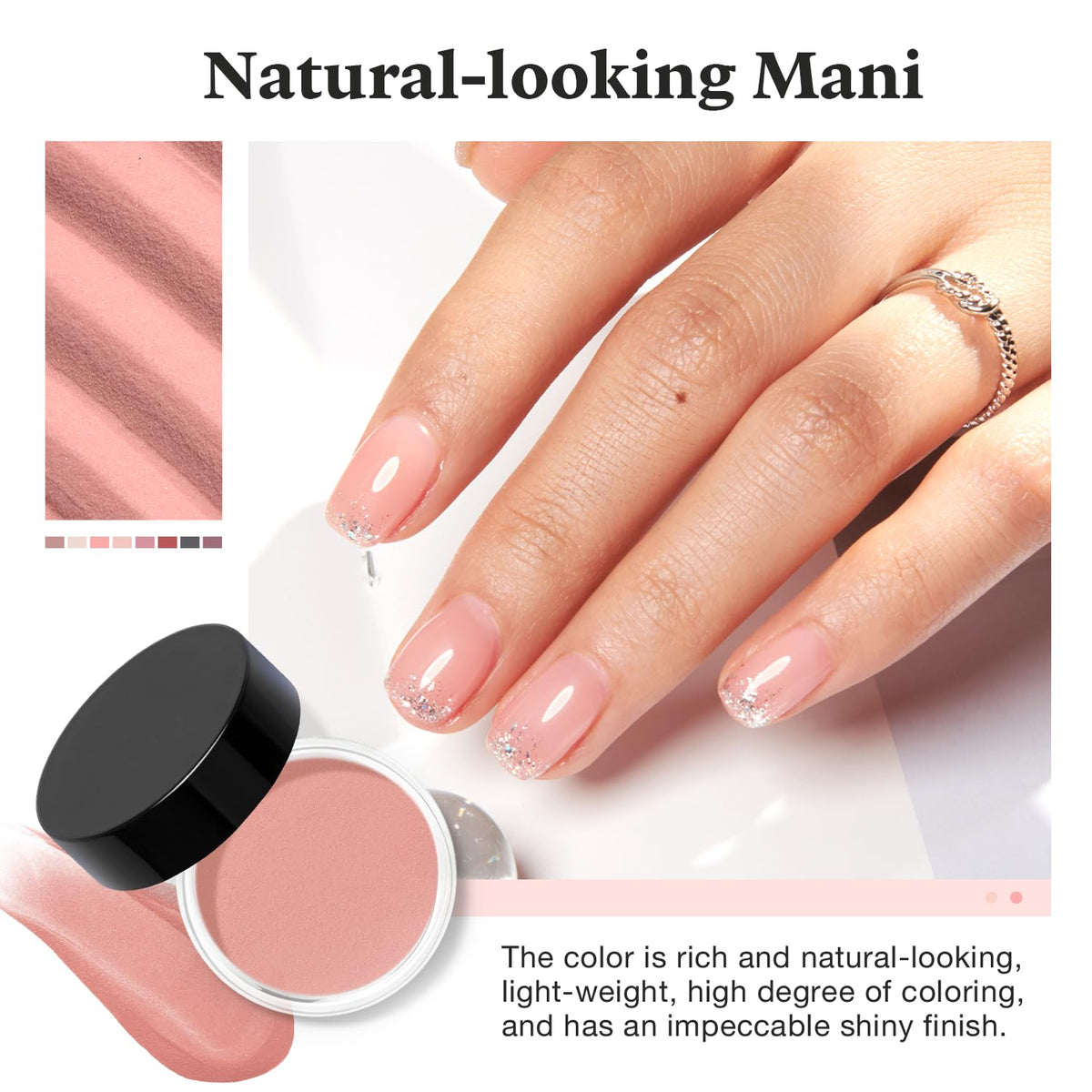 Sheer rose pink dip powder texture and color sample
