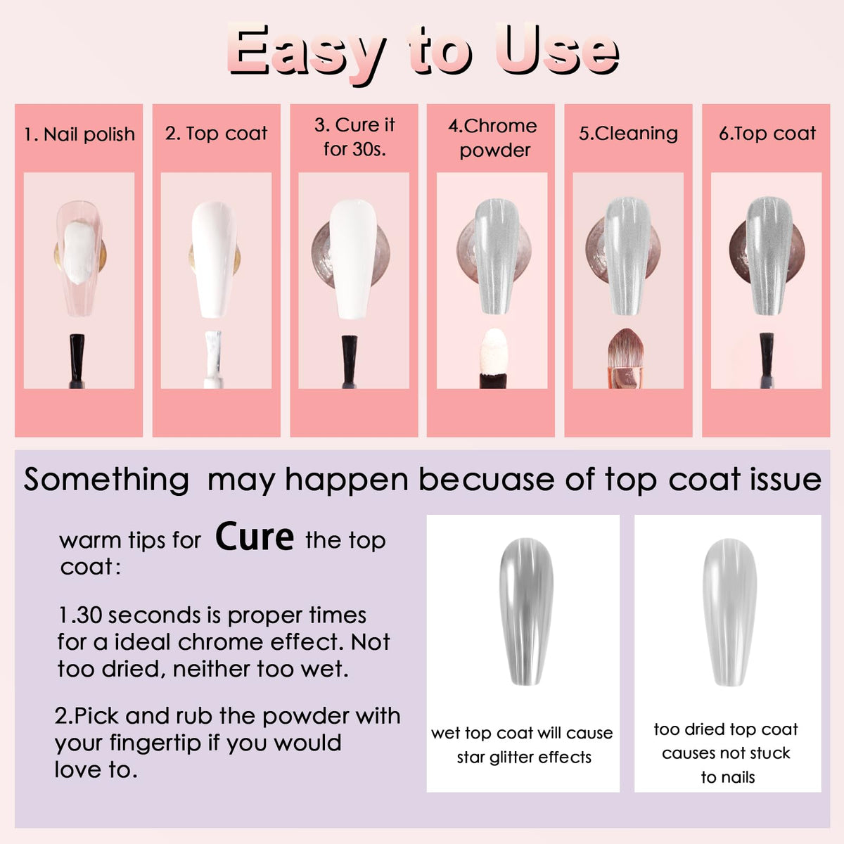 Educational shot showing chrome powder application process on gel nails