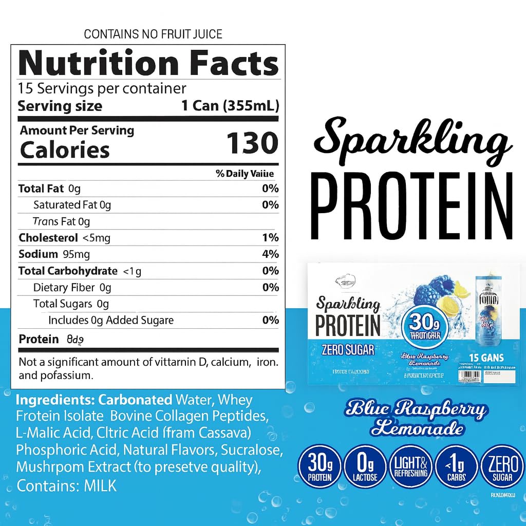 Genius Gourmet 30g protein sparkling water blue raspberry lemonade nutritional label showing zero sugar