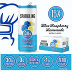Clear whey protein isolate sparkling water blue raspberry lemonade cans in a row for fitness hydration