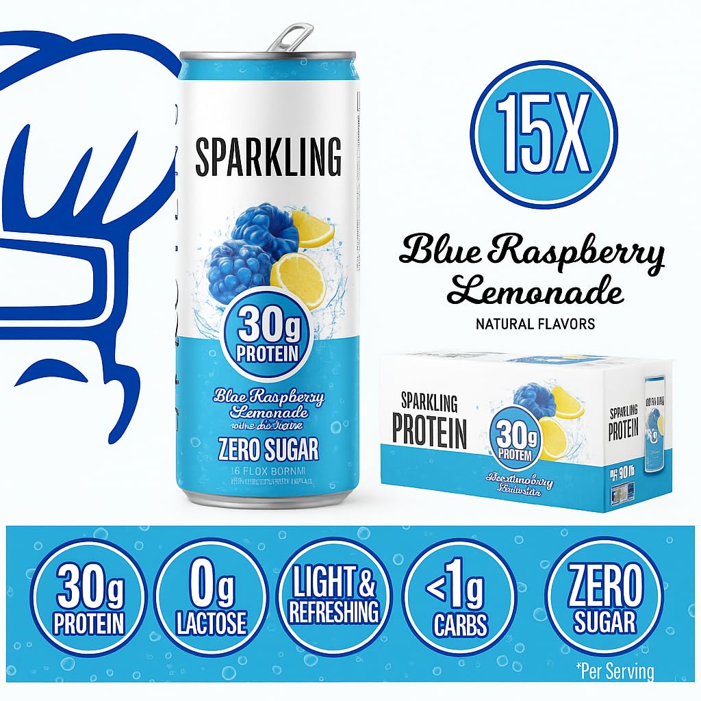 Clear whey protein isolate sparkling water blue raspberry lemonade cans in a row for fitness hydration