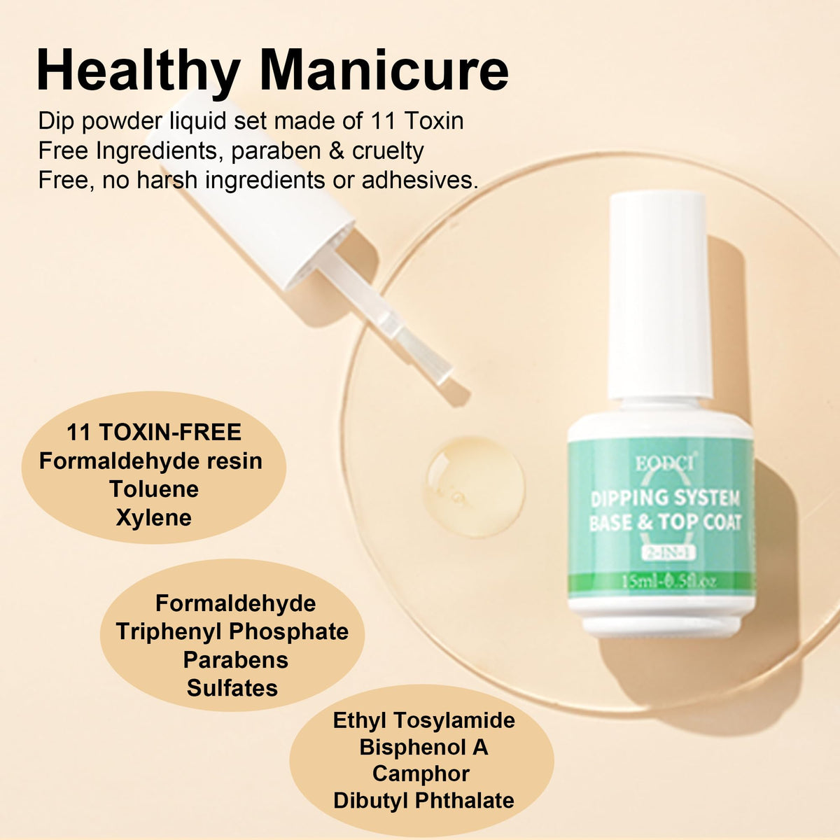 Eodci 15 milliliter dip powder base and top coat bottles