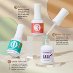 AZUREBEAUTY base and top coat bottle beside the activator liquid illustrating the quick air dry application step.