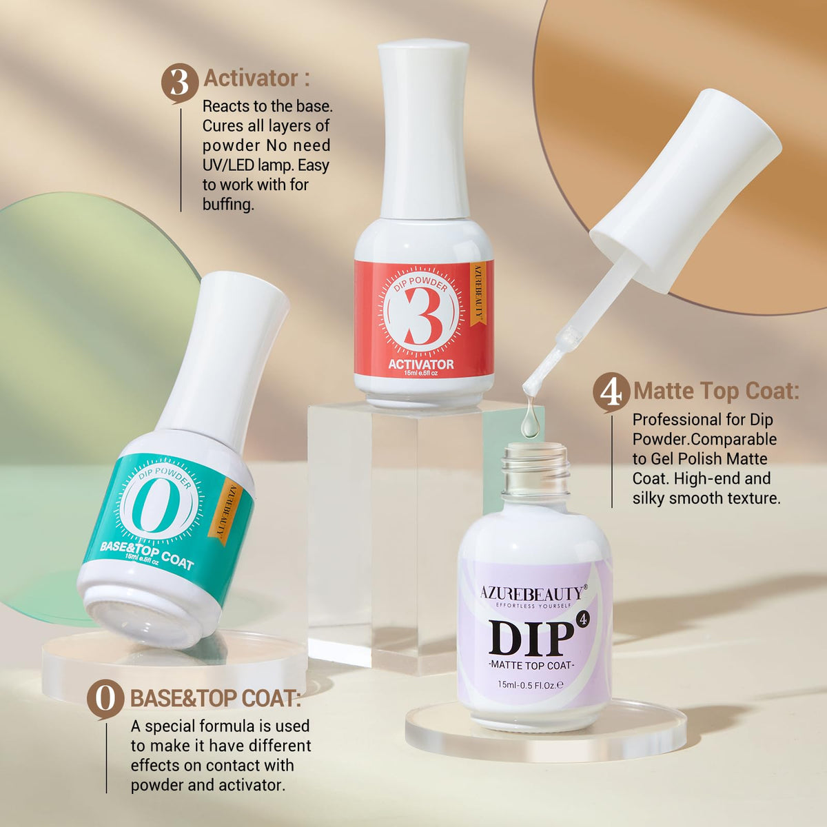 AZUREBEAUTY base and top coat bottle beside the activator liquid illustrating the quick air dry application step.