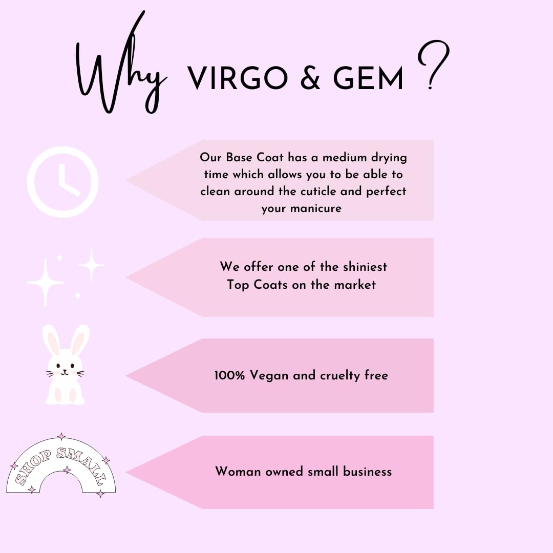 Virgo and Gem vegan nine free dip base activator and top coat bottles arranged sequentially