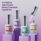 Vansisos 4-piece dip nail system showcasing base coat and activator steps.