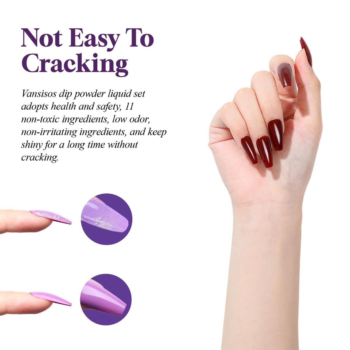 Authentic Vansisos imported nail dipping liquid bottles showing ingredients and safety warnings.