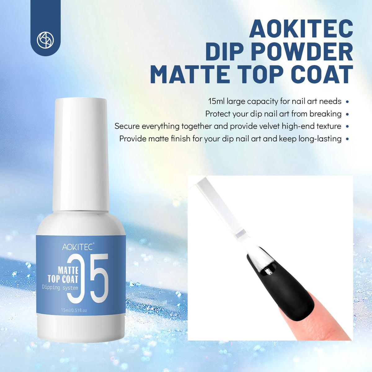 Aokitec 15ml matte top gel bottle showcasing the velvet finish texture on dip powder nails.