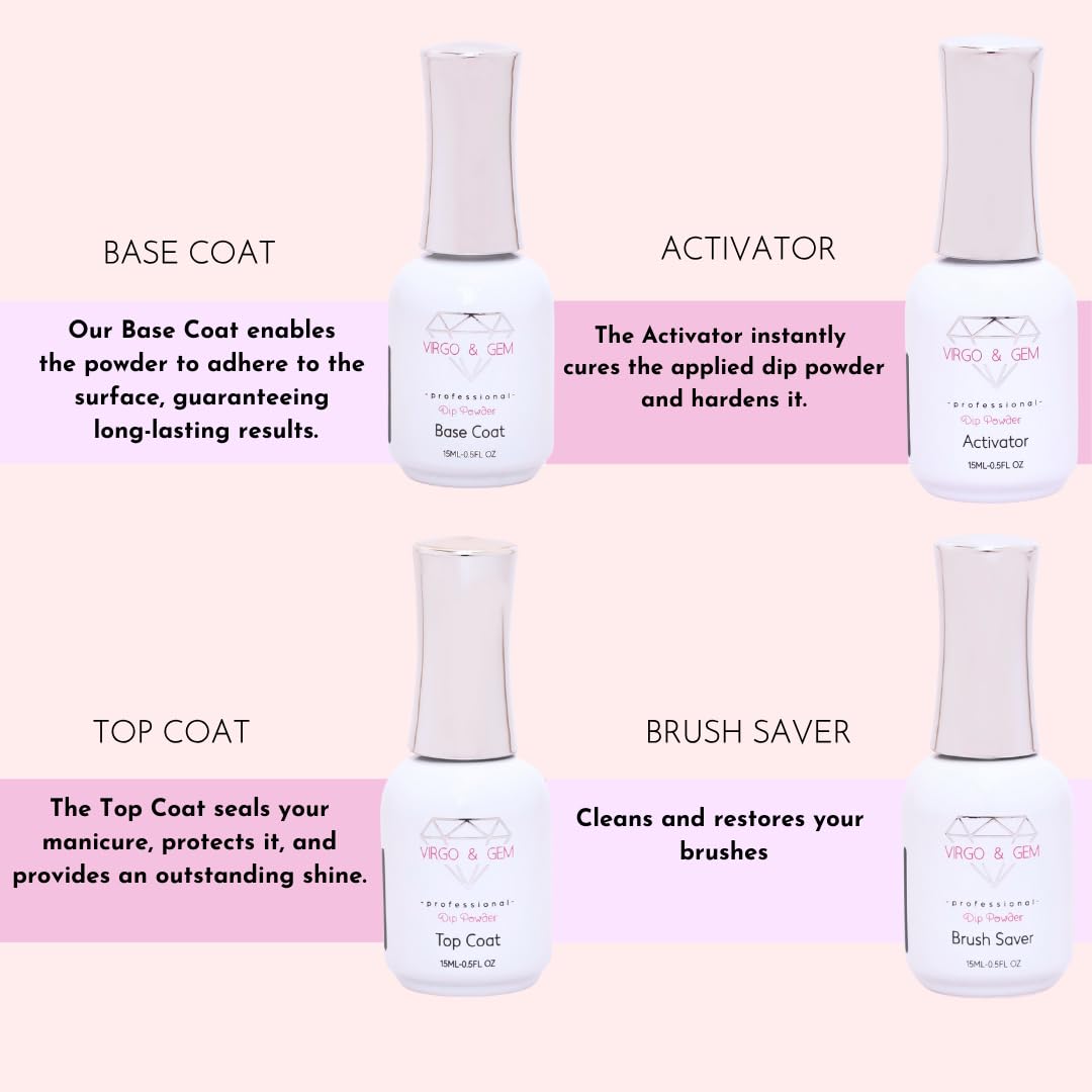 Virgo and Gem fifteen milliliter base coat and top coat bottles showing premium salon formula