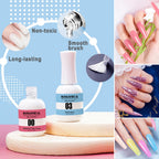 Two fifteen milliliter bottles of wakaniya dip nail liquids showing base top coat and activator labels