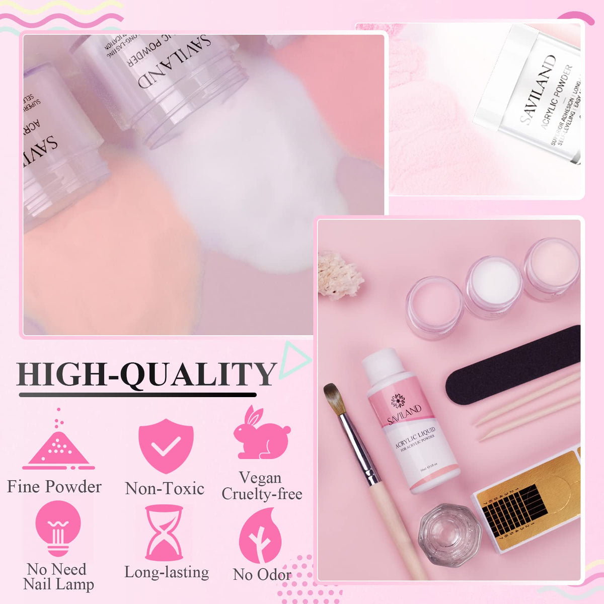 Close up of Saviland acrylic liquid monomer bottle and application tools