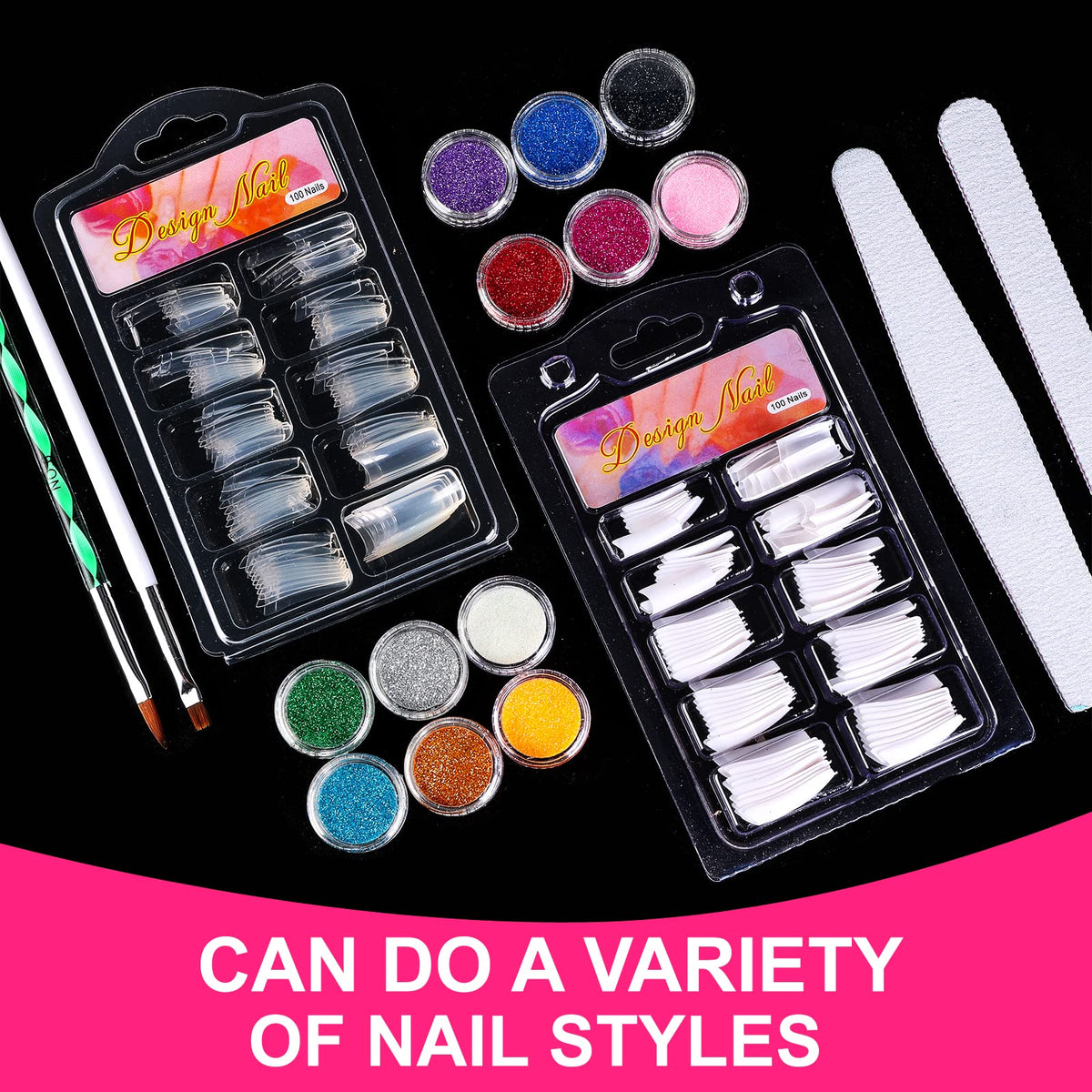 12 glitter acrylic powder jars included in Sunbelee nail set