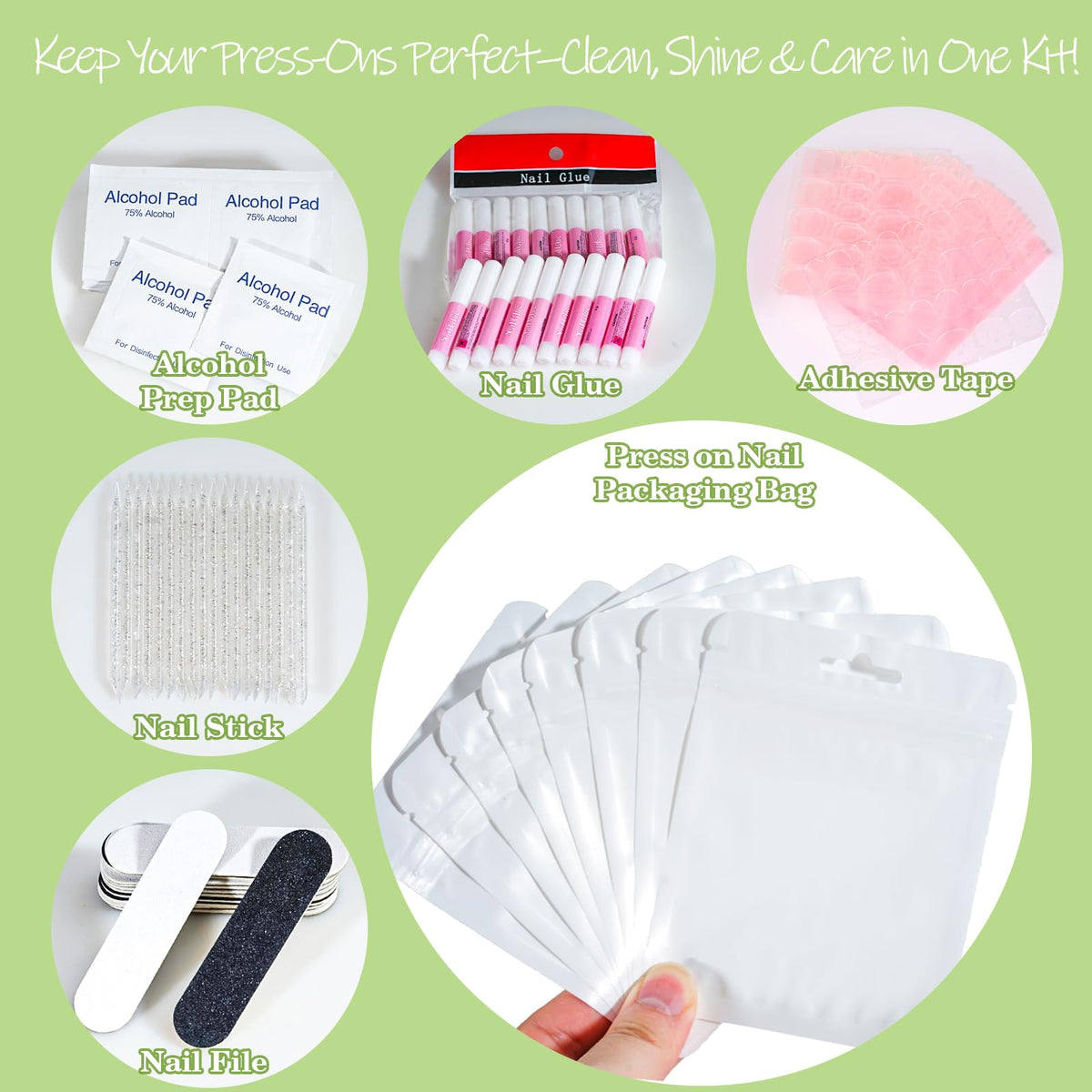 Inog press on nail prep kit contents including glue and tabs