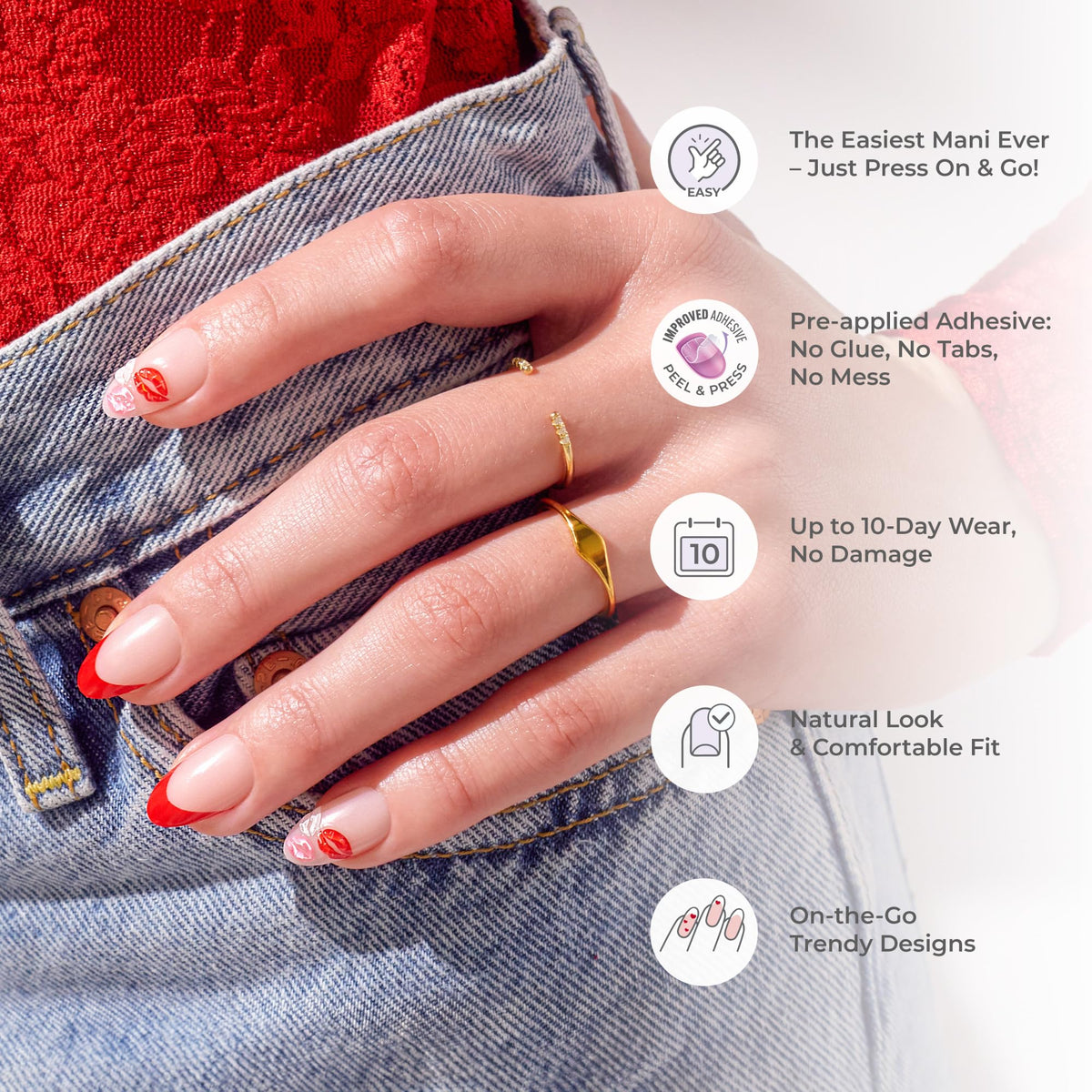 Model wearing Cupid Love short oval press on nails