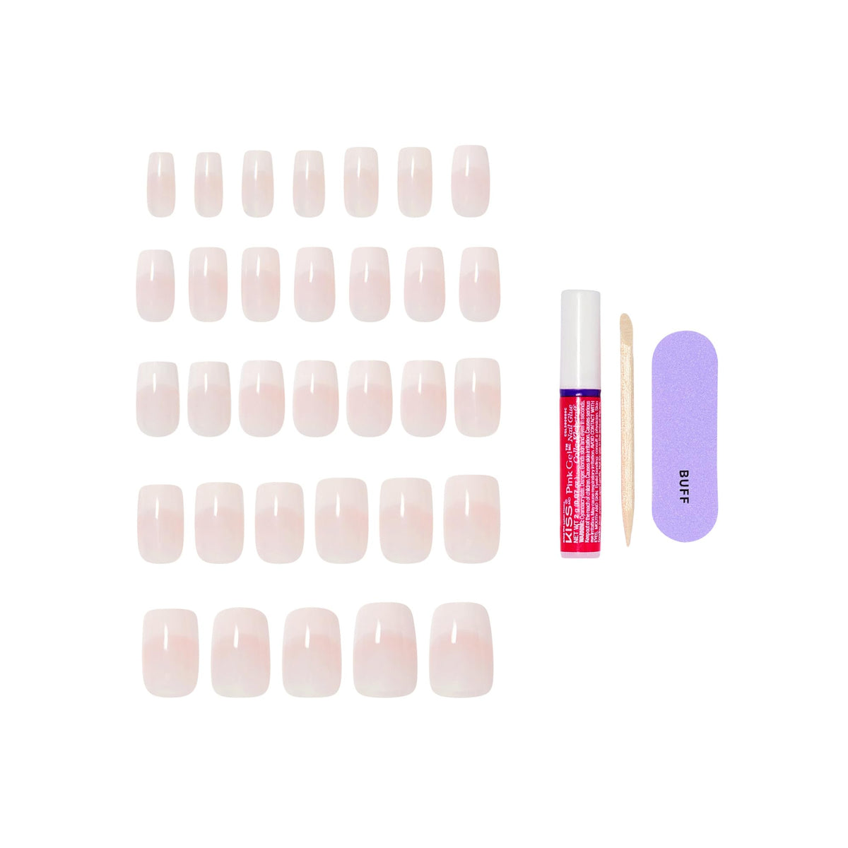 Contents of Kiss Core medium squoval nail kit with glue