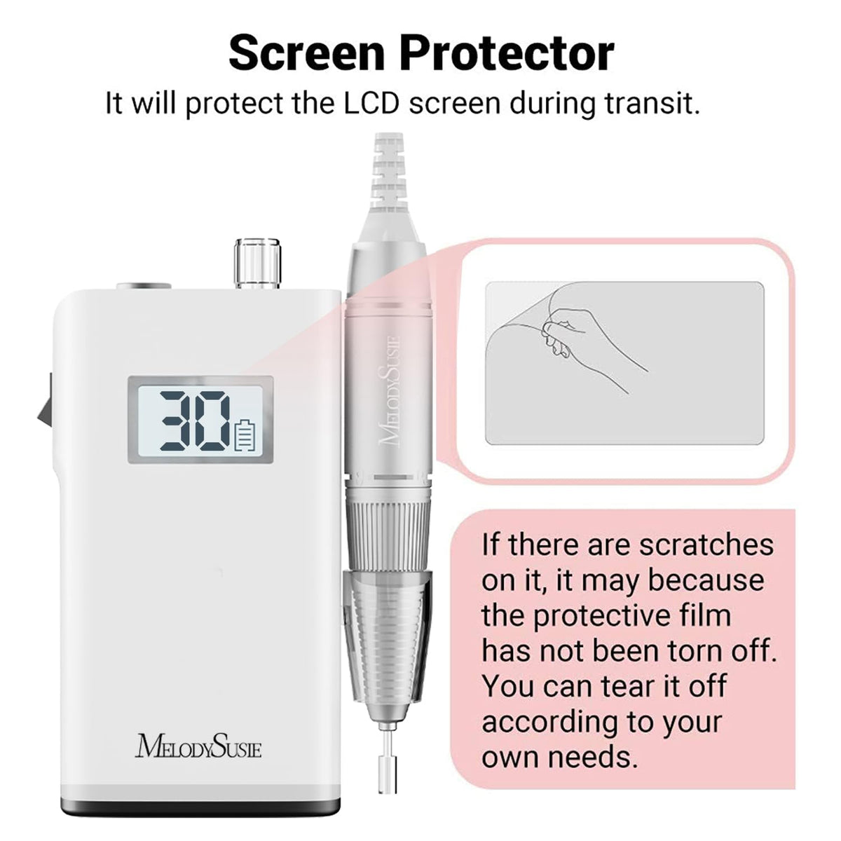 Close up of MelodySusie nail drill charging port and power button