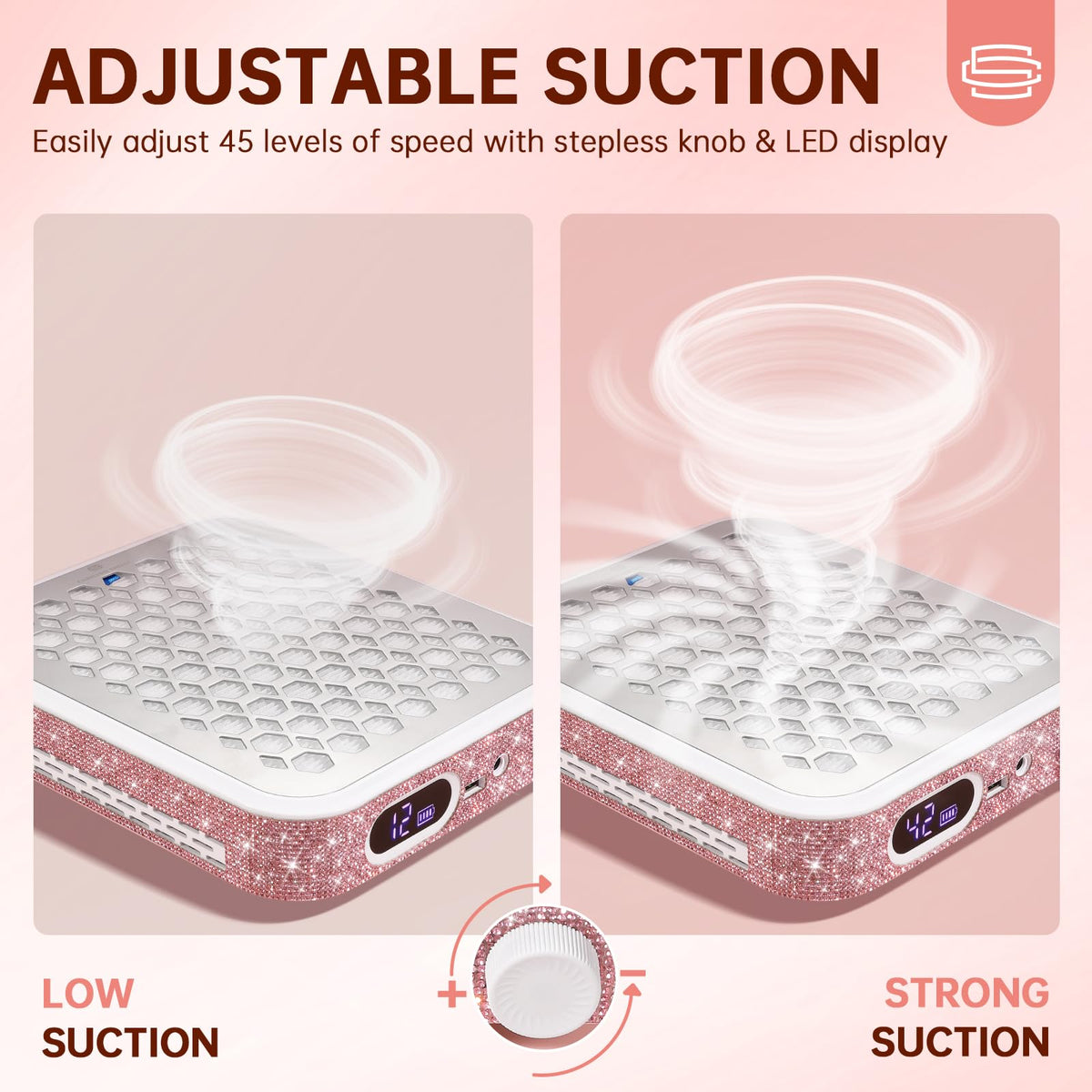 Top view of pink rhinestone nail vacuum machine