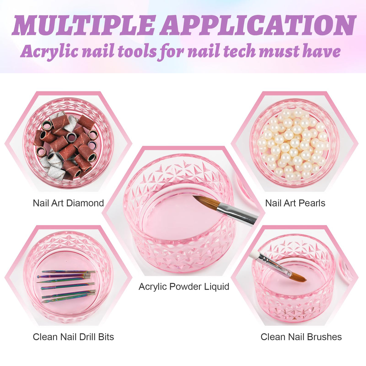 Pink glass dappen dish next to acrylic nail brush for scale
