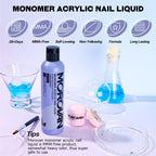 Morovan professional liquid monomer bottle showing non-yellowing and MMA-free labels for nail sculpting