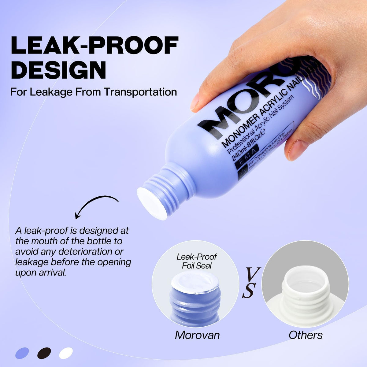 Authentic Morovan imported USA beauty care liquid monomer bottle layout with ingredients information