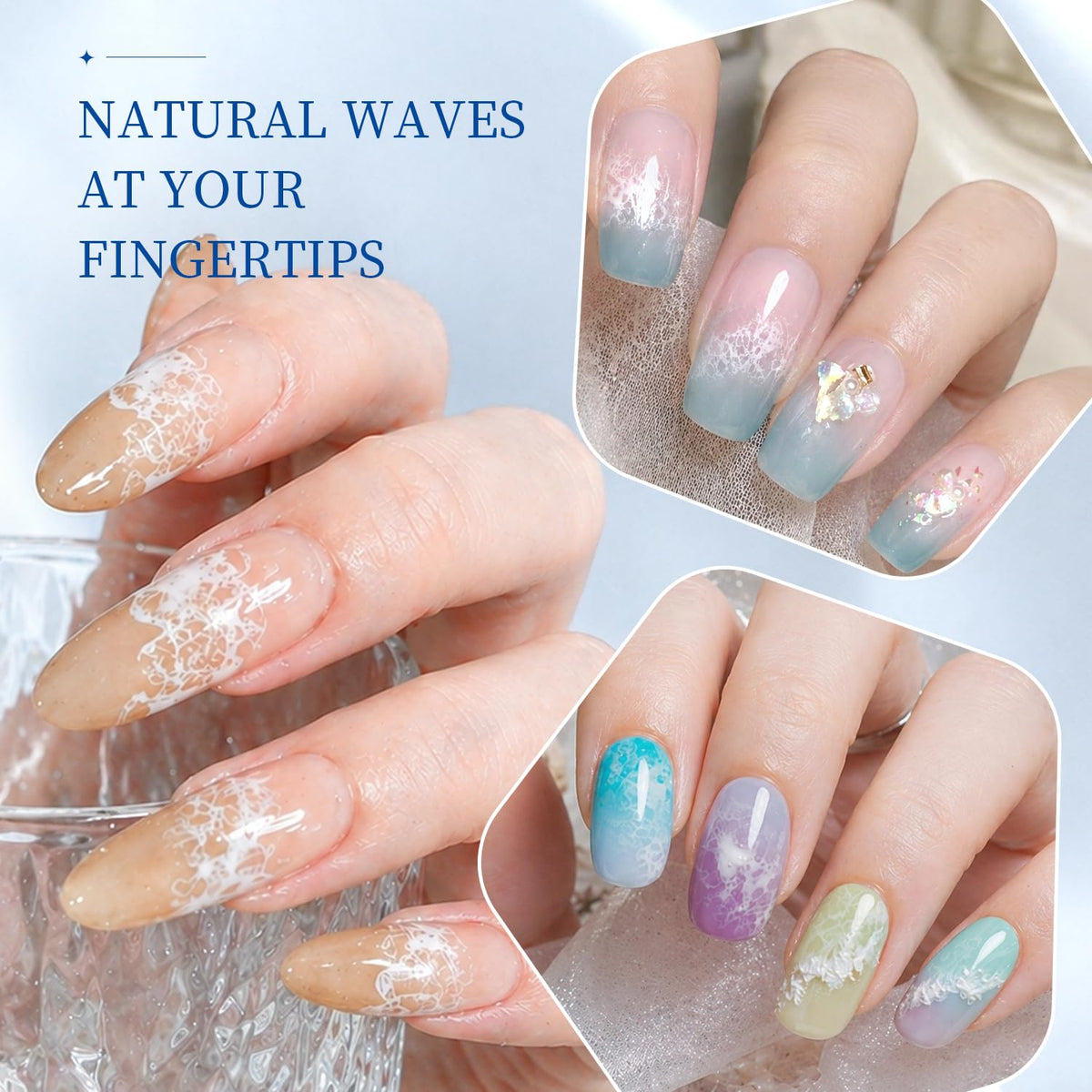 Nail artist curing the completed white wave liquid manicure design under a professional LED lamp