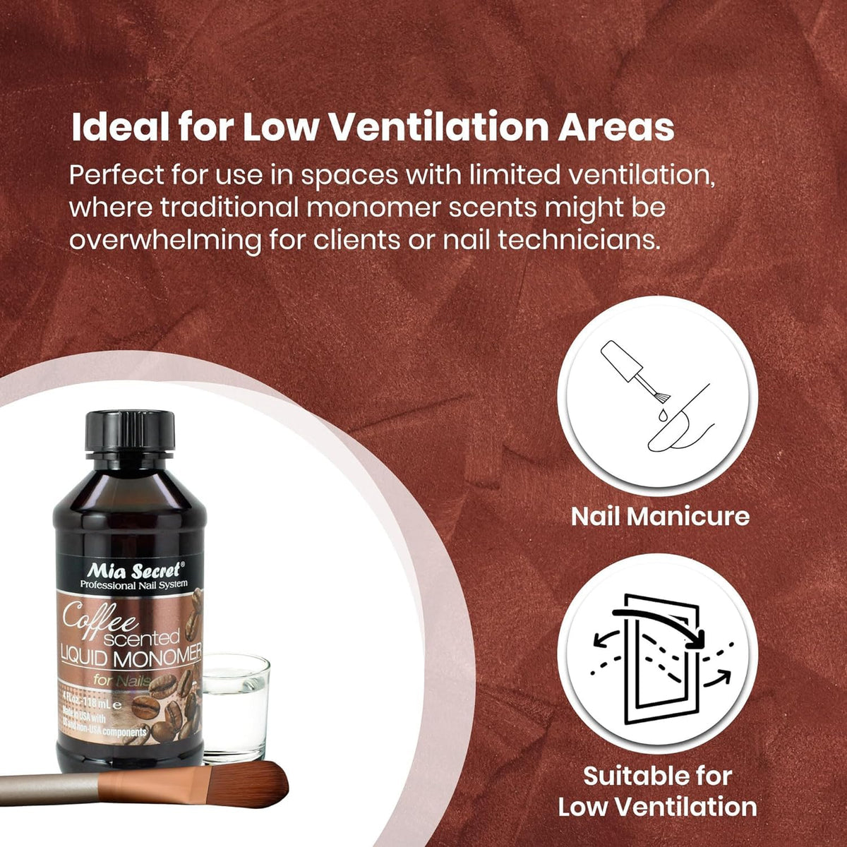 Authentic Mia Secret coffee scented liquid monomer bottle highlighting the official barcode and batch tracking information.