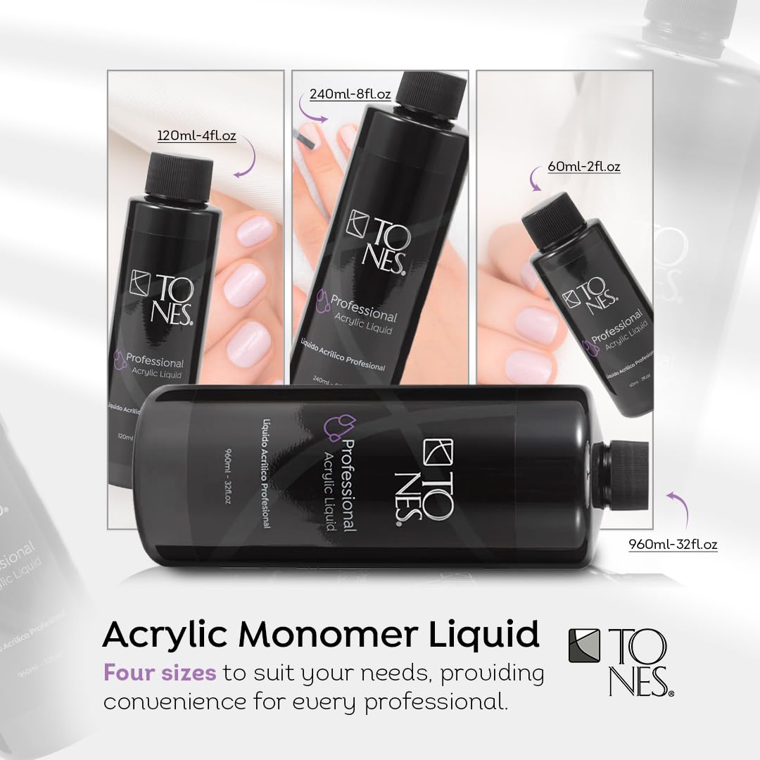 Tones brand premium EMA monomer liquid highlighting the UV inhibitors and superior adhesion features