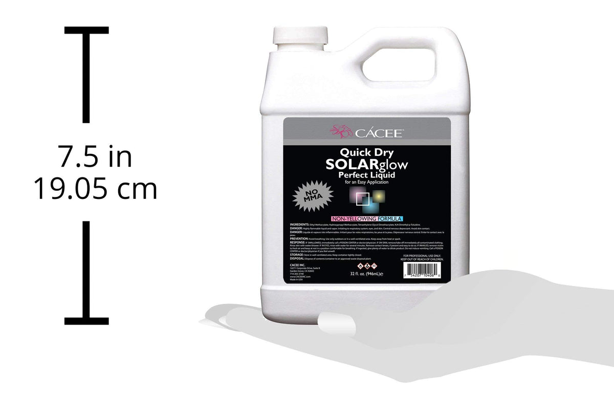 Back label of authentic Cacee non yellowing MMA free acrylic nail monomer showcasing product specifications