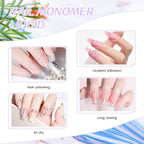 Professional acrylic liquid monomer packaging highlighting three to five minute natural air drying time