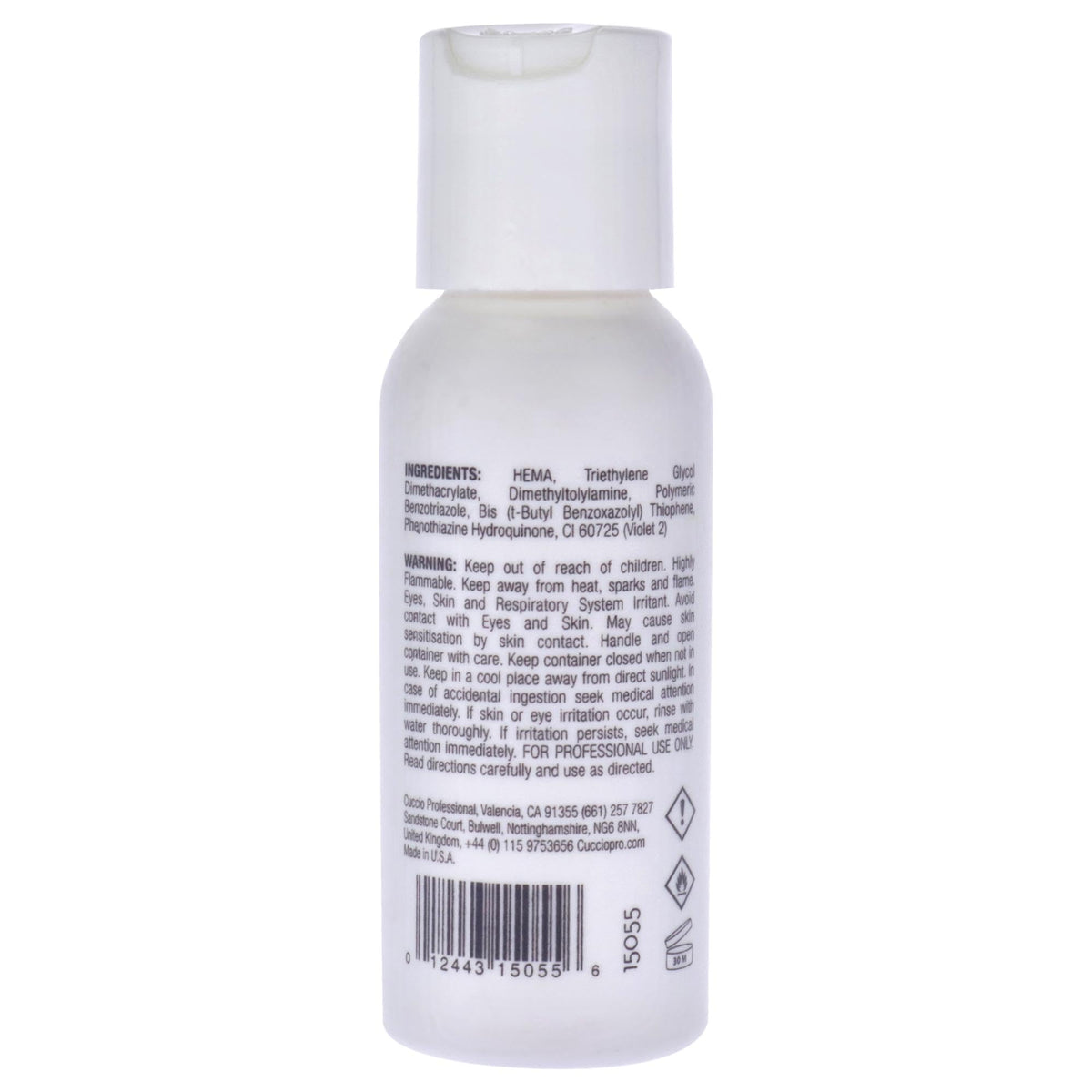 Two Ounce bottle of Cuccio Pro salon monomer showing clear liquid formulation details