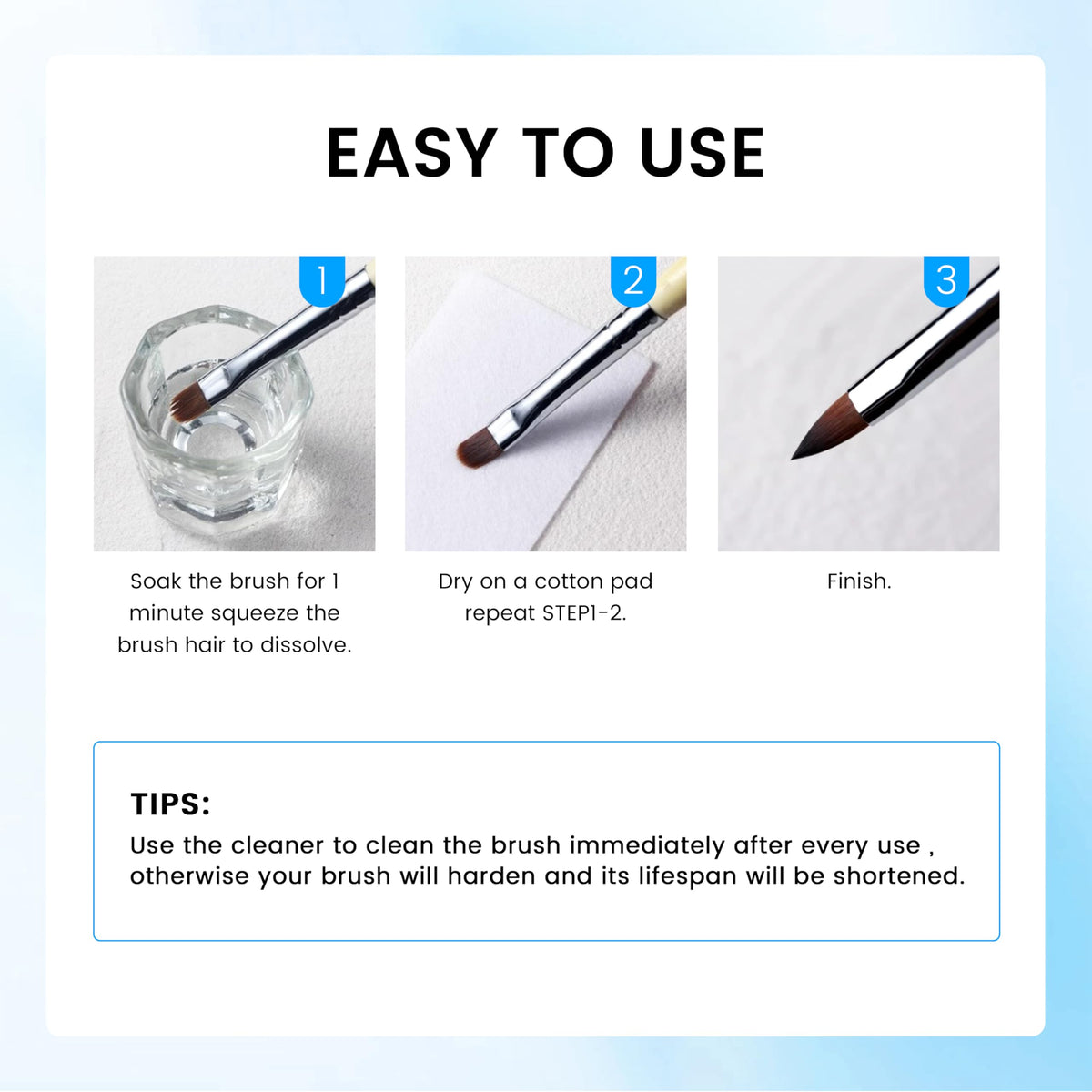 Synthetic and natural hair nail brush conditioning cleaner fluid