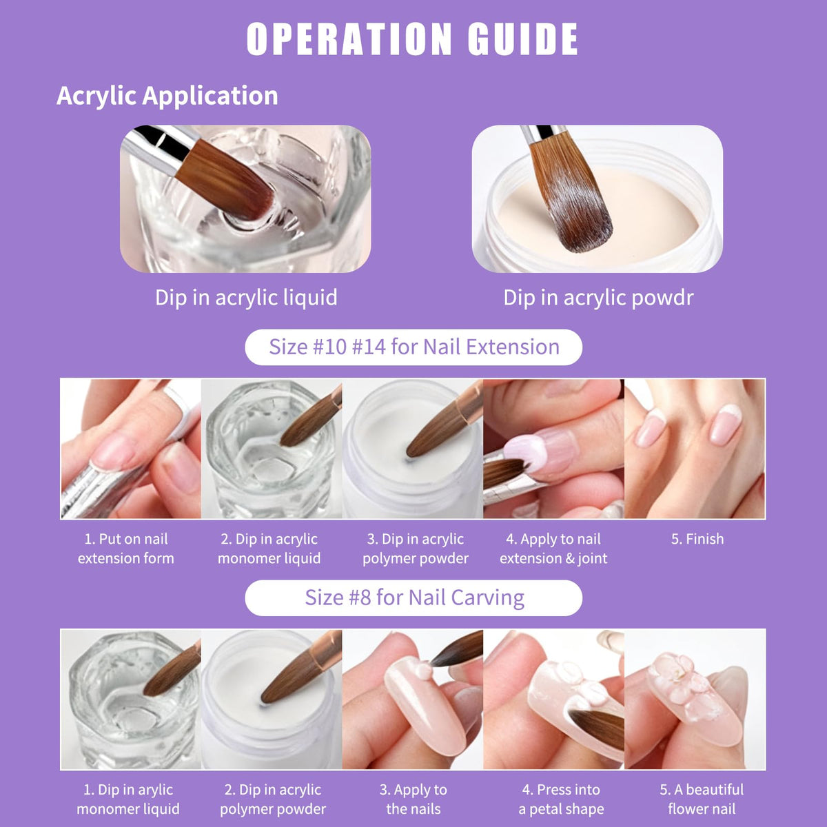 A complete 240ml monomer liquid kit with three application brushes for flawless 3D nail carving.